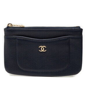CHANEL Authentic Blue Leather Logo Wallet